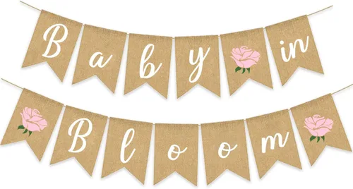 Baby In Bloom - Cartel de arpillera con flores para decoración de baby shower, planta rústica, dulce niña, rosa, tema floral, suministros para