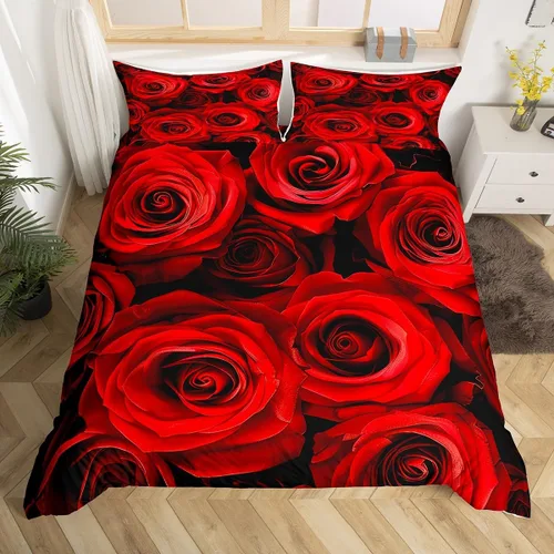 Juego de funda de edredón de rosa roja, tamaño matrimonial, juego de ropa de cama floral color rojo degradado y negro para niñas, mujeres, niños,