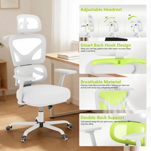 Miniatura 3 de Silla de oficina ergonómica de malla con soporte lumbar y reposacabezas, silla de computadora con respaldo alto con reposabrazos y bloqueo de Blanco