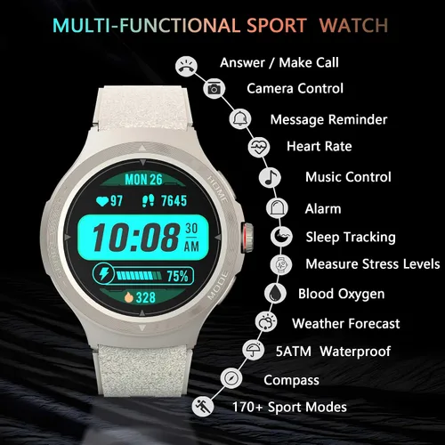 Miniatura 4 de Reloj inteligente militar con monitor de frecuencia cardíaca, brújula, linterna, GPS, reloj inteligente de 1.43 pulgadas con más de 170 modos