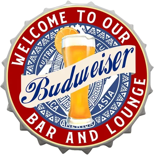 mokarier Letrero decorativo con texto en inglés "Welcome to Our Bar and Lounge", tapas de metal para botellas, letreros de lata, cafetería, cerveza,
