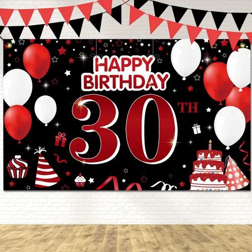 Cartel de feliz cumpleaños 30 para patio, pancarta de feliz cumpleaños 30 en negro y rojo, decoración para mujeres y hombres, fondo grande de 30