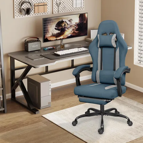 Miniatura 2 de Silla de juegos de tela transpirable con reposapiés, silla de juegos de altura ajustable, silla de videojuegos para sala de juegos, sala de estar