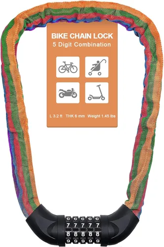 Miniatura 18 de NDakter Cerradura de cadena para bicicleta, combinación de 5 dígitos, resistente, antirrobo, cerradura de bicicleta de seguridad