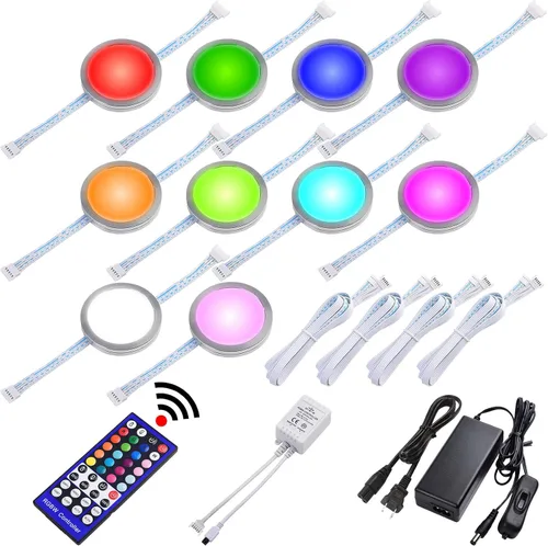 RGBW - Luz para debajo del mostrador, discos LED para iluminación de decoración navideña, cambio de color rojo, verde, azul y blanco frío, regulable
