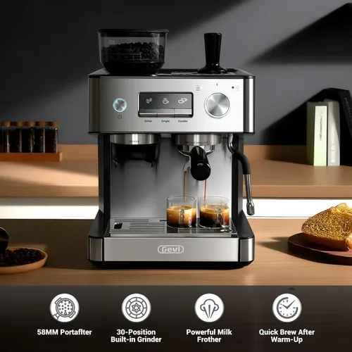 Miniatura 6 de Gevi Máquina de café expreso de 20 barras con molinillo integrado y espumador de leche, cafetera profesional para el hogar, capuchino, café