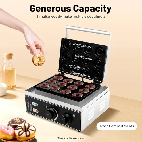 Miniatura 3 de Máquina eléctrica de donas, 12 agujeros, máquina comercial de donas de 110 V, 1500 W, calefacción de doble cara, antiadherente, eléctrica, mini
