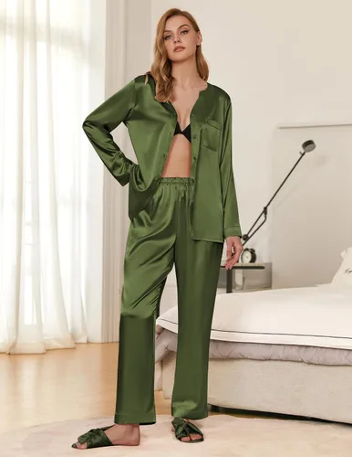 Miniatura 2 de Ekouaer Conjunto de pijama de satén para mujer, ropa de dormir de manga larga con botones y bolsillos