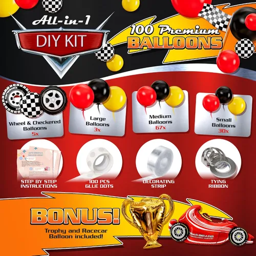 Miniatura 2 de Kit de arco de globos de coche de carreras TODO-EN-1 y guirnalda con TROFEO de REGALO y Número 2 - Globos de coches de carreras para suministros