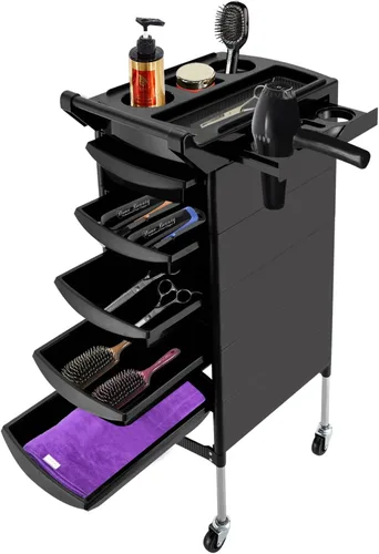 Carrito profesional de salón, carrito de salón negro con asa y ruedas, 5 cajones y 2 soportes para secadora de pelo, bandeja lateral, carrito de