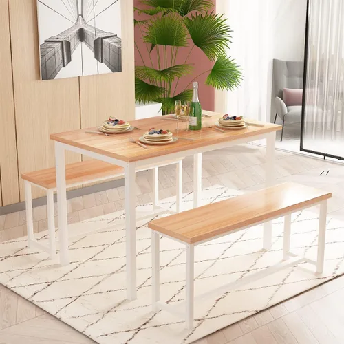 Miniatura 4 de Recaceik Juego de mesa de comedor de 47 pulgadas para 4, mesa de cocina de 3 piezas con 2 bancos, juego de mesa y sillas de cocina de madera, juego