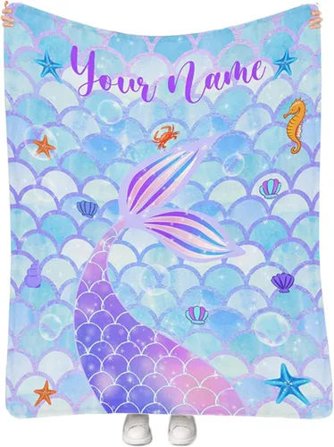 Miniatura 28 de Manta personalizada de sirena para niñas, manta de envoltura personalizada con nombre, manta de forro polar suave para niños recién nacidos, manta