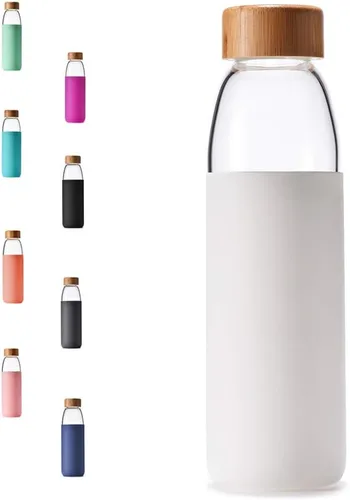 Miniatura 17 de Botellas de agua de vidrio de borosilicato de 25 onzas con tapa de bambú, sin BPA, funda de silicona antideslizante y tapa a prueba de fugas de Azul