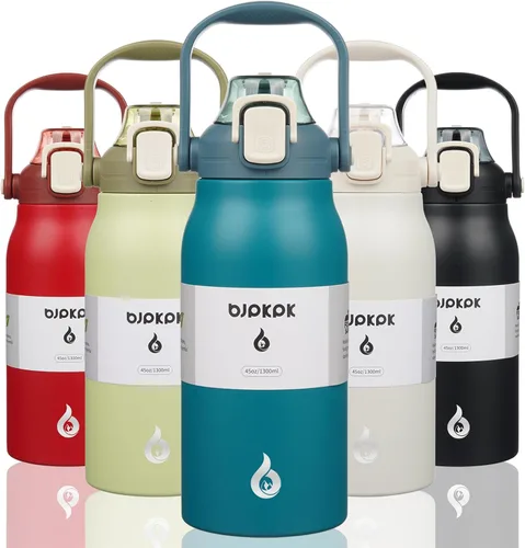 Miniatura 12 de BJPKPK - Botellas de agua aisladas con pajita, botellas de agua bonitas de 27 oz con asa, jarra de metal de acero inoxidable sin BPA, frascos 27 oz