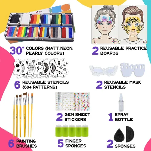Miniatura 3 de OPHIR Kit profesional de pintura facial para niños y adultos, 5.14 onzas, no tóxica, activada por agua, arco iris, pintura facial con plantillas