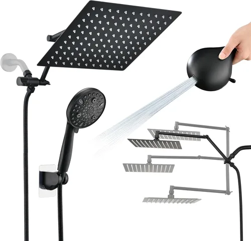 PDPBath Cabezal de ducha tipo lluvia de 10 pulgadas con rociador de mano, cabezal de ducha de lluvia doble con combo de varilla de 10 ajustes de