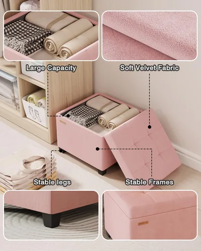 Miniatura 7 de ABHENG Cubo otomano de terciopelo de 17.7 pulgadas con patas, taburete otomano cuadrado de almacenamiento con marco de metal, soporta 770 libras