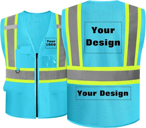 Miniatura 28 de Chaleco de seguridad de malla personalizado con LOGOTIPO Chaleco reflectante de alta visibilidad con 5 bolsillos y cremallera Azul personalizado