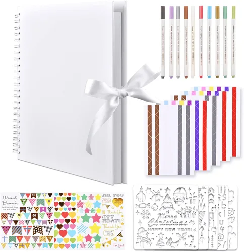 GOTIDEAL Álbum de recortes de 12 x 12 pulgadas con 10 marcadores metálicos, álbum de fotos de 80 páginas de papel para manualidades para bodas y