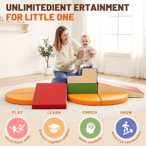 Miniatura 5 de TODIBY Juego de 9 bloques de espuma para trepar: cuero PU suave - Bloques de actividad para gatear y trepar para bebés - Equipo de gimnasio