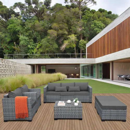 Miniatura 2 de Lviden Juego de 6 muebles de mimbre para patio, juego de conversación al aire libre, sofá seccional de ratán de polietileno de alta densidad