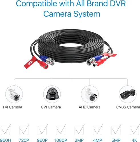 Miniatura 5 de ZOSI Paquete de 1 cable de alimentación de video todo en uno de 33 pies (32.8 ft), cables de cámara de vigilancia de extensión BNC para sistemas DVR