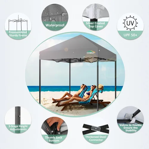 Miniatura 246 de COBIZI Tienda de campaña desplegable de 6.6 x 6.6 pies, toldo resistente, fácil de instalar, impermeable, para exteriores, fiestas, playa, jardín