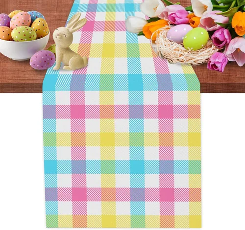 Camino de mesa de lino con diseño de cuadros de estilo bufalo, colores azul, rosa y amarillo, para pascua, primavera y verano, decoración rústica