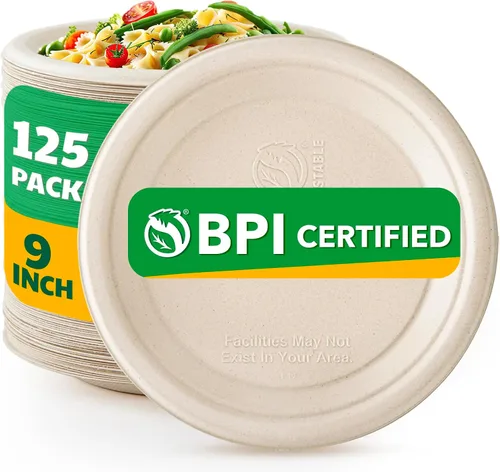 Miniatura 13 de Biodegradable Bagasse - 125 platos de papel compostables, platos desechables resistentes de 6 pulgadas, platos de postre a granel para fiestas