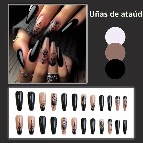Miniatura 4 de MISUD Uñas Postizas - Uñas Largas Forma Ataúd con Pegamento en Negro Gótico, Diseño Acrílico Gótico de Rosa 24 piezas