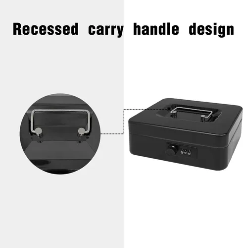 Miniatura 5 de Caja de efectivo de acero seguro con cerradura de combinación y bandeja extraíble, organizador de dinero de metal para uso doméstico y oficina Negro