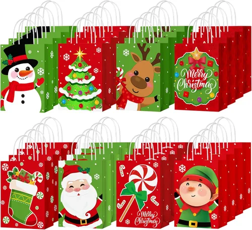 Miniatura 8 de Yeaqee 80 piezas - bolsas de regalo de Navidad - tamaño pequeño - Merry Christmas Xmas - bolsas de regalo de Navidad con asas - bolsas de papel