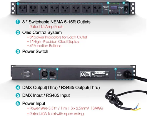 Miniatura 2 de Pknight Relé PDU DMX inteligente de 8 tomas - Secuenciador de potencia programable con control DMX512, control remoto RS485, unidad de distribución