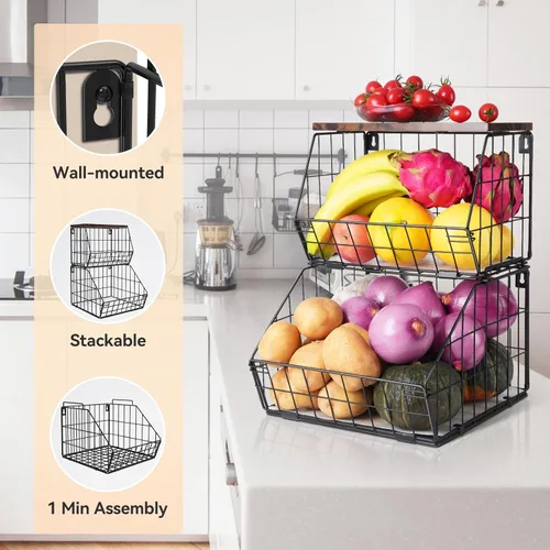 Miniatura 3 de Wawocs Cesta Colgante Apilable de 2 Niveles Montada en Pared, Cesta de Frutas para Encimera de Cocina, Contenedor de Almacenamiento con Tapa de Tapa