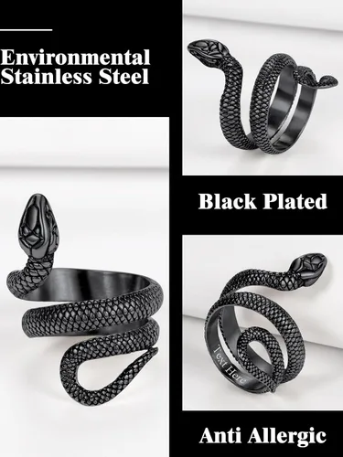 Miniatura 5 de Anillo de acero inoxidable chapado en oro de 18 quilatesserpiente negra para hombres y mujeres, tamaño 7-12, anillos de reptil de serpiente punk