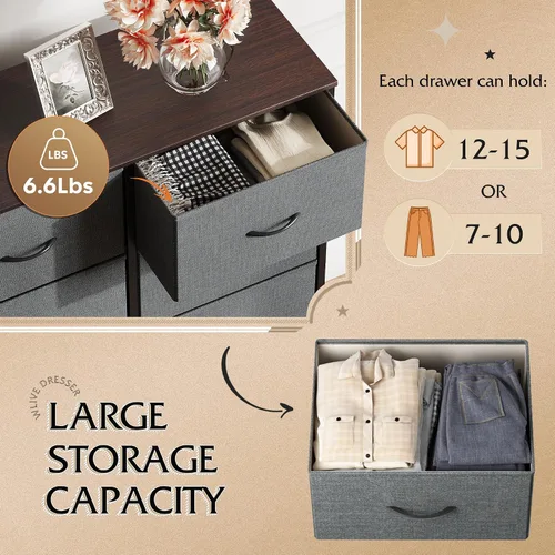 Miniatura 5 de WLIVE Cómoda gris para dormitorio con 10 cajones de tela, unidades organizadoras altas para sala de estar, ropa, armario, torre de almacenamiento