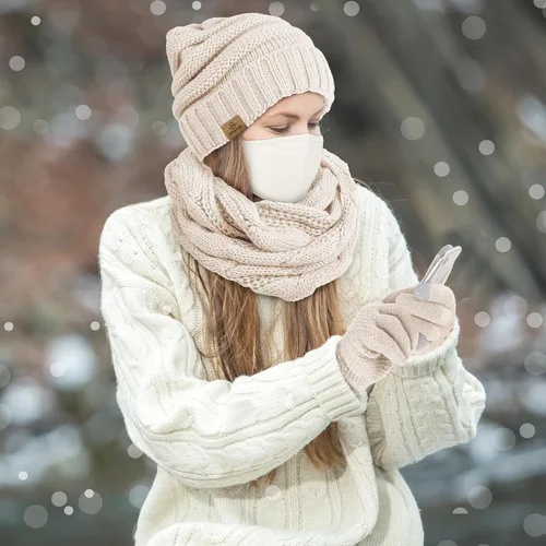Miniatura 7 de URATOT Conjunto cálido de punto de invierno, bufanda infinita y gorro, guantes para pantalla táctil, regalos de invierno para hombres y mujeres