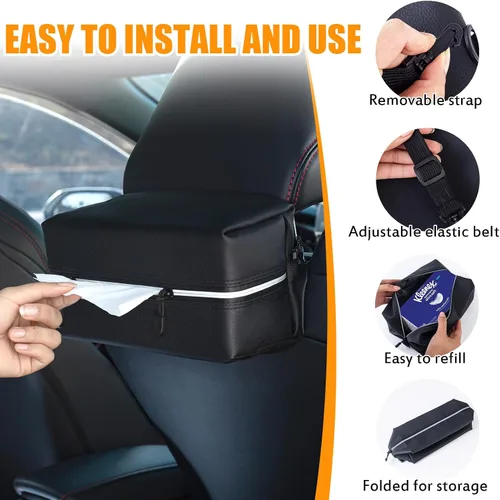 Miniatura 5 de Car Tissue Holder for 120-160-230 Count Kleenex Facial Tissues Box - Waterproof Zipper Cover, Soft Black Leather with Adjustable Strap, Ideal for