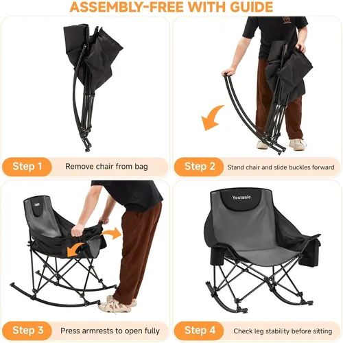 Miniatura 8 de Youtanic Silla mecedora plegable de gran tamaño, silla mecedora portátil acolchada con bolsillos, portavasos y bolsa de transporte, silla de patio