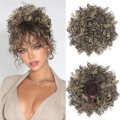 Miniatura 13 de PEACOCO Extensión de Cola de Caballo Corta y Rizada Moño Desordenado con Cordón Elástico Moño de Cabello Suelto para Mujeres con Cabello Delgado