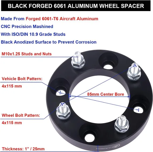 Miniatura 6 de Espaciadores de rueda ATV forjados negros de 1 pulgada con pernos de 10 x 1.25 compatibles con Yamaha Arctic-Cat 4 Lug 4/115 para 300 400 500