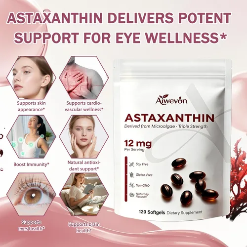 Miniatura 4 de Suplemento de astaxantina de 12 mg de cápsulas blandas, astaxantina natural de microalgas con aceite MCT para absorción, potente apoyo antioxidante