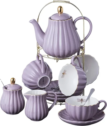 Jusalpha Fine China Juego de Taza de Café/Taza de Té Morada de 8 OZ, Platillo, Cucharas, Tetera y Cremera, 17 Piezas (Juego FD-TW17PC, Morado)