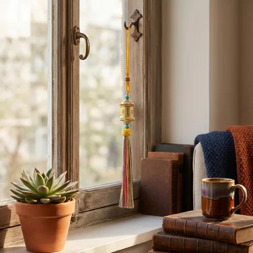 Miniatura 7 de Adornos budistas para colgar en el auto, rueda de oración budista, adorno de Feng Shui, decoración para el hogar, coche, colgar en el espejo