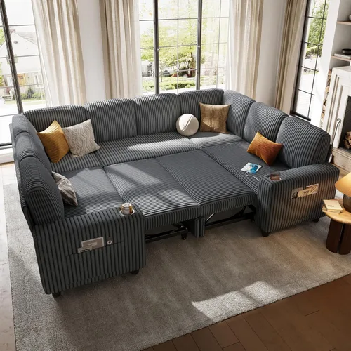 Miniatura 26 de LINSY HOME Sofá cama modular extraíble para sala de estar (beige, sofá cama 1) Sofá cama extraíble, almacenamiento, carga USB, portavasos, pana