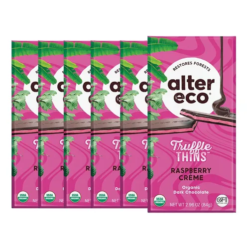 Alter Eco Trufa fina de crema de frambuesa, barra de chocolate con relleno de trufa ganache pegajosa, orgánica, sin gluten ni soja, aperitivos sin