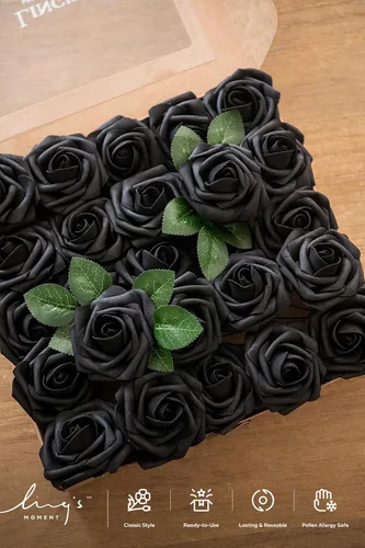 Miniatura 9 de Ling's Moment - Flores Artificiales, 50 Piezas, Rosas Negras con Tallos, 3" de Tacto Real, DIY, Flores de Espuma para Ramo de Boda/Centros de Mesa
