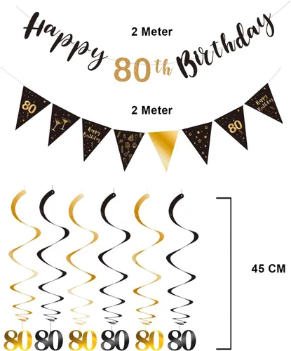 Miniatura 3 de Kit de decoración de cumpleaños número 80: pancarta de feliz 80, banderines, serpentinas y banderas triangulares en negro y dorado