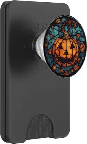 Miniatura 7 de Calabaza de Halloween vidrieras hojas de otoño negras PopSockets Standard PopGrip