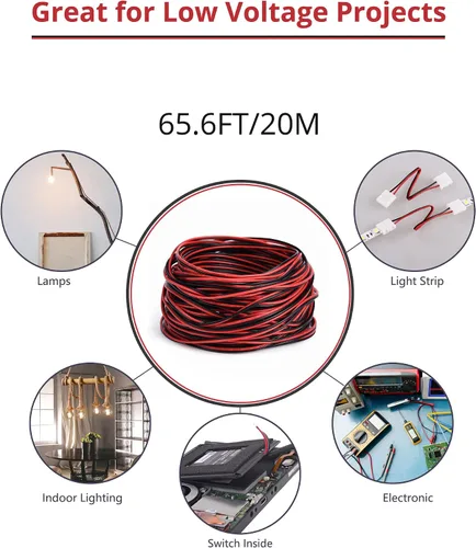 Miniatura 6 de Cable de extensión de 65.6 pies JACKYLED 20M 22AWG Cable de alambre LED para tiras LED de un solo color 22/2 de bajo voltaje, negro y rojo, luz LED